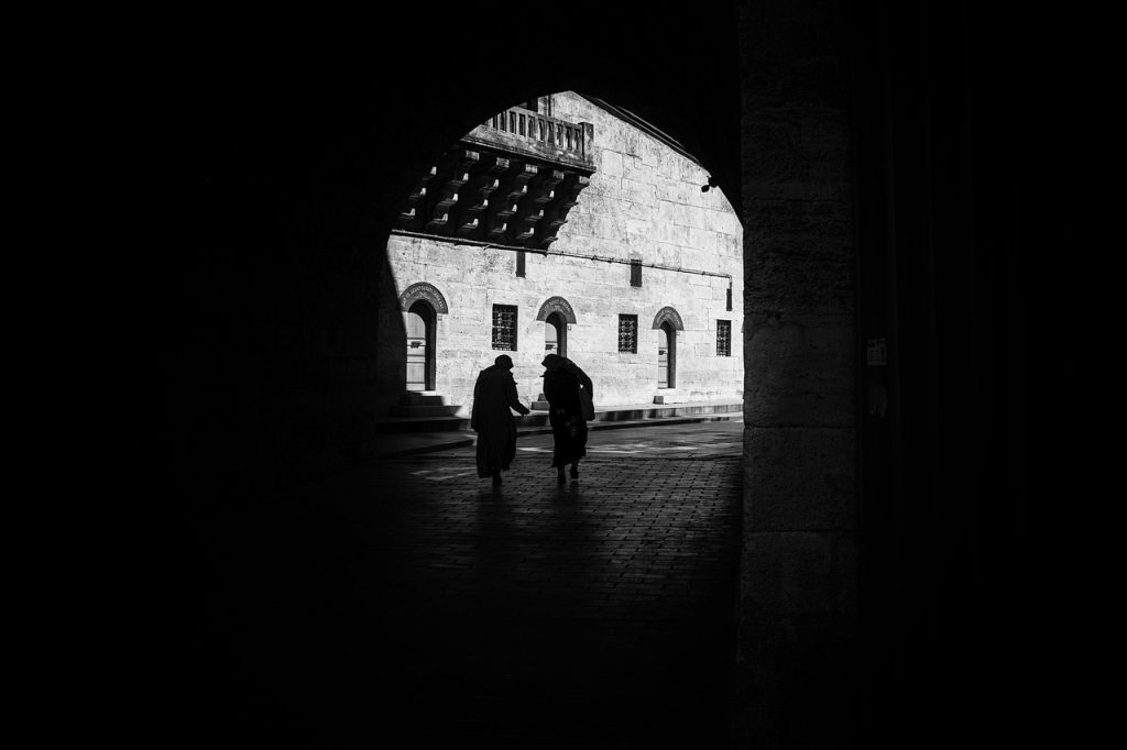 people, walk, chat, tunnel, black road, friendship, date, architectural